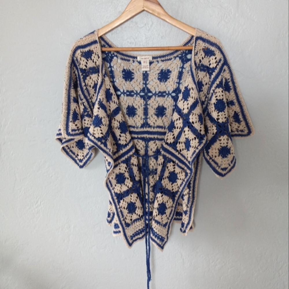 Sundance Granny Square Crochet Knit Open Front Cardigan Cream Blue OS